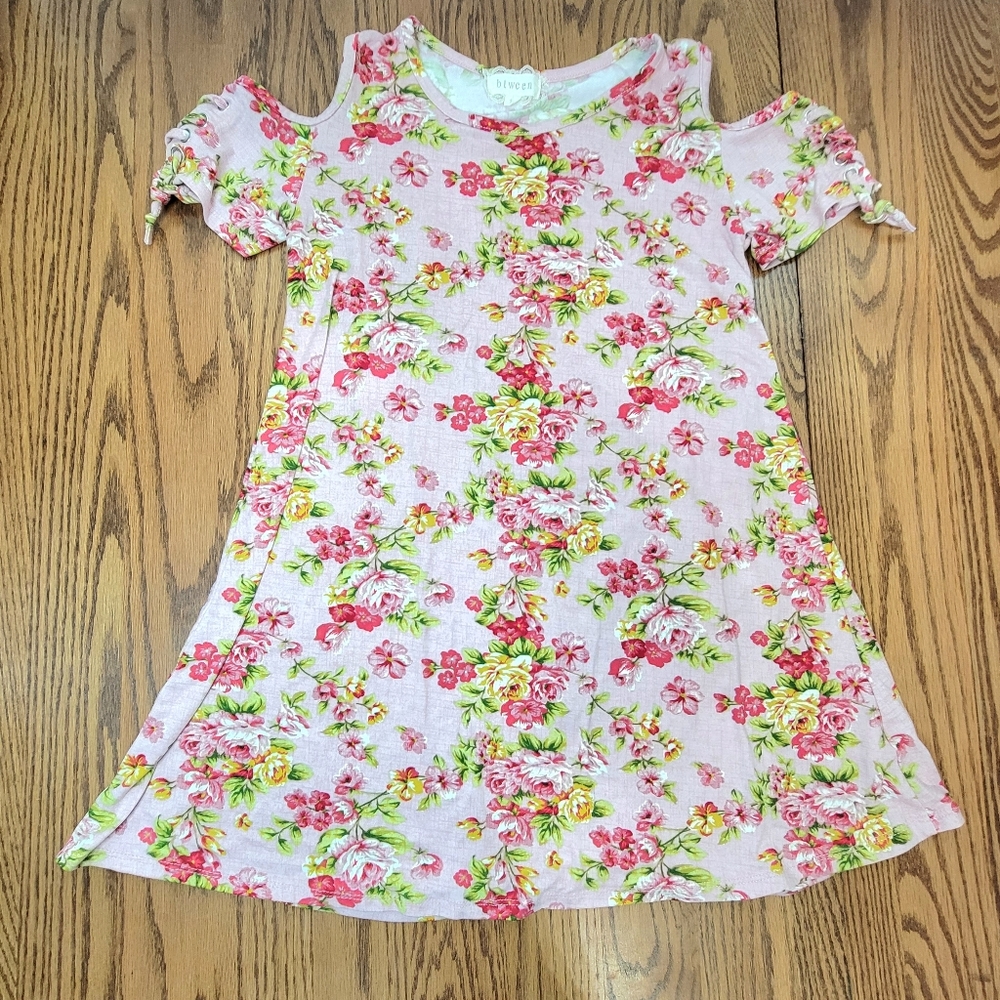 Btween Content Cold Shoulder Dress Girls Size 12 Pink Lace Up Sleeve Floral Soft